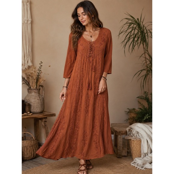Naissha Dresses & Skirts - Boho Embroidered Lace Up Maxi Dress Rust Brown 3/4 Sleeve One Size